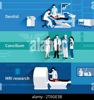 Medizinisches Fachpersonal concilium 3 horizontale Banner Set mit Zahnarzt und mrt-Scan abstrakt isoliert Vektor-Illustration Stock Vektor