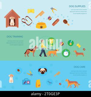 Hunde Welpen Ausbildung Fütterung Pflege Produkte und liefert 3 flache horizontale Banner Set abstrakt isoliert Vektor-Illustration Stock Vektor