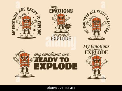 Meine Emotionen sind bereit zu explodieren. Vintage-Maskottchen-Design aus tnt-Dynamit mit wütendem Gesicht Stock Vektor