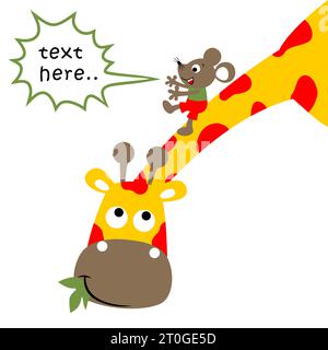 Kleine Maus, die auf dem Hals der Giraffe gleitet, Vektor-Zeichentrickillustration Stock Vektor