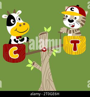 Kleine Kuh mit niedlicher Katze, die Wippe spielt, Vektor-Zeichentrick-Illustration Stock Vektor