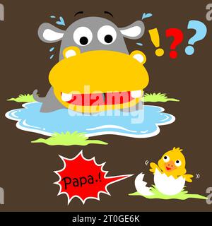 Niedliches Nilpferd mit neugeborener Ente, Vektor-Zeichentrickillustration Stock Vektor