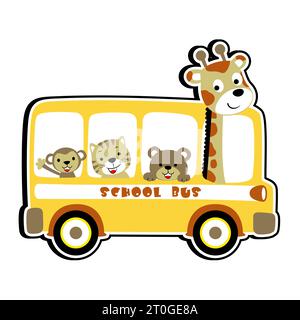 Schulbus mit niedlichen Tieren, Vektor-Zeichentrickillustration Stock Vektor