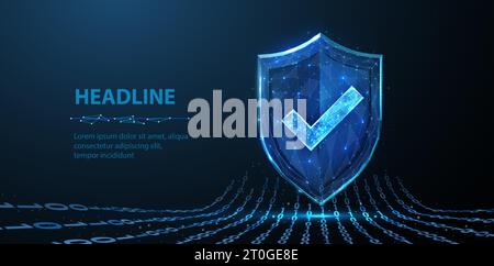 Sichere Technologie. Polygonale Drahtmodellabschirmung mit dunkelblauem Häkchen. Stock Vektor