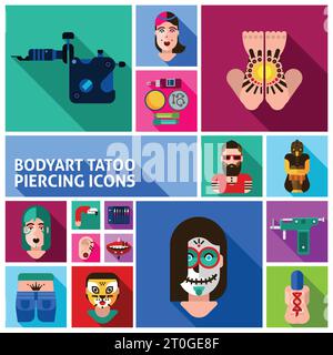 Quadratische Bilder und Symbole Satz von Tattoo Piercing und Bodyart in flachen Stil isoliert Vektor-Illustration gezeichnet Stock Vektor