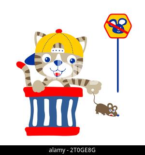 Lustiges Kätzchen im Müll kann Maus fangen, Vektor-Zeichentrickillustration Stock Vektor