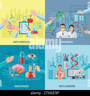 Biotechnologie-Symbole Konzept Zusammensetzung der Gentechnik Nanotechnologie und genetische Modifikation quadratische Elemente flache Vektor-Illustration Stock Vektor