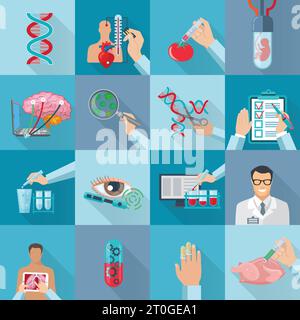 Flache farbige isolierte Biotechnologie-Symbole mit dna-Molekül genetisch veränderten Produkten und menschlichen Embryo in vitro Vektor-Illustration gesetzt Stock Vektor