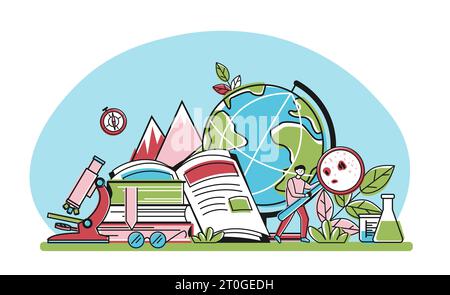 Schulpädagogisches Fach Naturwissenschaften runde Komposition mit Bildern von Globus-Mikroskopbüchern und Reagenzglasvektorillustration Stock Vektor