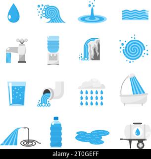 Wasser bildet flache Symbole mit Drop Ocean Wave Regen und Wasserfall isoliert Vektorgrafik gesetzt Stock Vektor