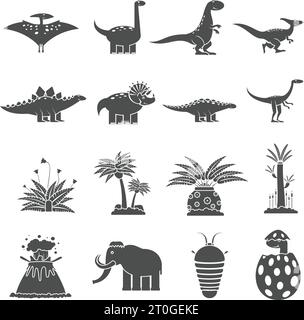 Dinosaurier und prähistorische Natur schwarze Symbole setzen isoliert Vektor Illustration Stock Vektor