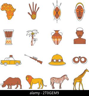 Afrikanische Safari Tiere flache Umrisse Symbole setzen isoliert Vektor Illustration Stock Vektor