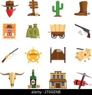 Cowboy flache Symbole mit Kaktus wollte Zeichen Sheriff Abzeichen isoliert Vektor-Illustration gesetzt Stock Vektor