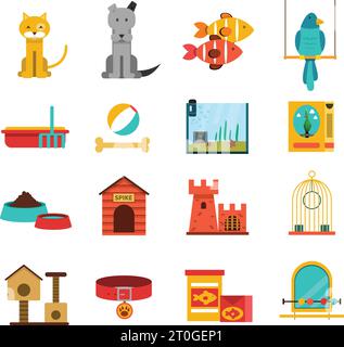 Haustiere flache Symbole mit Katze Hund Fische und Vogel isoliert Vektor-Illustration gesetzt Stock Vektor