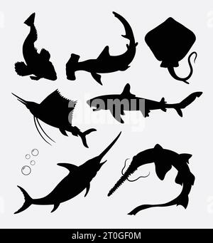 stachelrochen, Hammerfische, Sägefische und Haifische Silhouette Stock Vektor