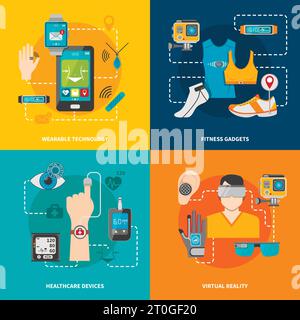 Smart-Technologie-Set für Gesundheit Fitness Virtual Reality tragbare Technologie Vektor-Illustration Stock Vektor