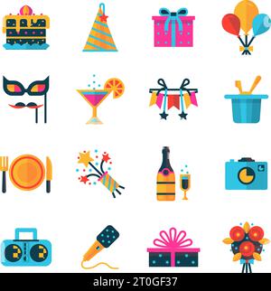 Flache Farbe Party-Icons mit Geschenkbox Blumenstrauß Ballons und Flasche Champagner isoliert Vektor-Illustration gesetzt Stock Vektor