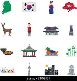 Koreanische traditionelle Lebensmittelbekleidung Wahrzeichen und nationale kulturelle Symbole flache Ikonen Sammlung abstrakt isoliert Vektor Illustration Stock Vektor