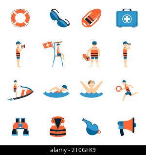Symbole für Rettungsschwimmer, die mit Symbolen für Wasserschutzausrüstung versehen sind, flache, isolierte Vektorgrafik Stock Vektor