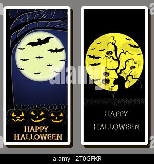 Illustration auf Themenaufkleber zum Feiern lustiger Feiertag Halloween mit orangen Kürbissen Stock Vektor