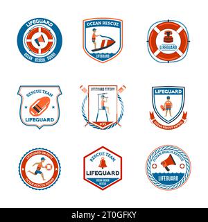 Strand Rettungsschwimmer Patrouille Embleme mit Meer Rettung Symbole flach isoliert Vektor-Illustration gesetzt Stock Vektor