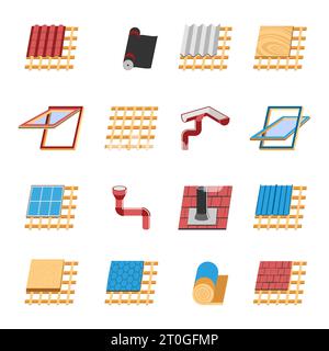 Dachkonstruktion mit verschiedenen Montagestrukturen und Dämmschichten flache Icons Sammlung abstrakt isoliert Vektor-Illustration Stock Vektor