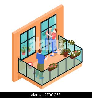 Isometrische Hausfassadenkomposition mit isolierter Ansicht des modernen Balkons mit Mann und Frau, die Vektorillustration aufräumen Stock Vektor