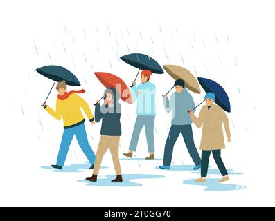 Schlechtes Wetter Leute flaches Konzept warm gekleidete Leute gehen unter Regenschirmen in regnerischer Wetter Vektor Illustration Stock Vektor