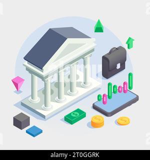 Isometrische Unternehmensinvestitionen mit Symbolen des Finanzmanagements Vektorillustration Stock Vektor