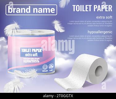 Toilettenpapier Küchenhandtücher Rollen realistische Werbung Hintergrund mit editierbarem Text fliegende Federn Paket und Wolken Vektor Illustration Stock Vektor
