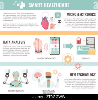 Smart Healthcare digitale Gesundheit flache Infografiken mit Kapiteln der bearbeitbaren Text-Symbole der inneren Organe Gadgets Vektor-Illustration Stock Vektor