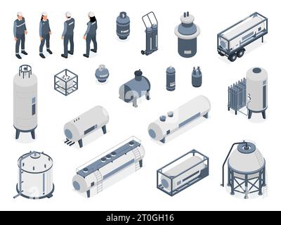 Isometrisches komprimiertes Gas Personengruppe mit isolierten Symbolen mit industriellen Lagertanks und Zeichen der Arbeiter Vektorillustration Stock Vektor