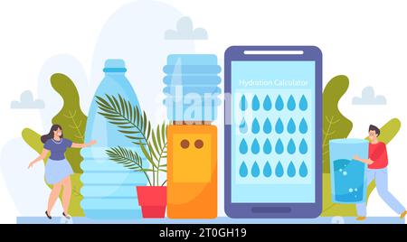 Wasserhaushalt flache Komposition mit menschlichen Charakteren Ikonen des Wasserkühlers mit Flasche und Smartphone App Vektor Illustration Stock Vektor