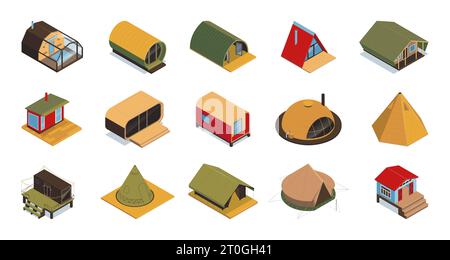 Isometrische Glamping Farben Satz von isolierten modernen Stil Eco Häuser Markisen Safari Zelte auf leeren Hintergrund Vektor Illustration Stock Vektor