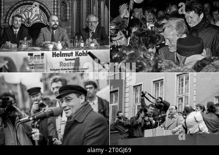 Collage: Westdeutsche Politprominenz in der DDR-Wendezeit - erstellt: 07.10.2023, Private Archivbilder, Rostock 1989-1990: Nach dem Mauerfall gesetzt auch eine rege politische Reisefreudigkeit ein. Westdeutsche Politiker besuchen die Bürgerbewegungen im Osten. Zu den Prominenten in der Rostocker Wendezeit zählen: Willy Brandt, Helmut Kohl und Hans-Dietrich Genscher. Der PDS gelang es mit Gregor Gysi li. Bild u., Rostock zur Volkskammerwahl 1990 - ohne westdeutsche Helfer - als dritte Kraft auf 16, 4 Prozent der Stimmen zu kommen. Collage, 07.10.2023, Private Archivbilder Stockfoto