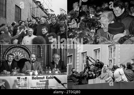 Collage: Westdeutsche Politprominenz in der DDR-Wendezeit - erstellt: 07.10.2023, Private Archivbilder, Rostock 1989-1990: Nach dem Mauerfall gesetzt neben der privaten Reisefreudigkeit auch eine rege politische ein. Westdeutsche Politiker besuchen die Bürgerbewegung im Osten. Zu den Westprominenten in der Rostocker Wendezeit zählen: Willy Brandt, Helmut Kohl und Hans-Dietrich Genscher. Collage, 07.10.2023, private Archivbilder, Rostock 1989-1990 Rostock neuer Markt Mecklenburg-Vorpommern Deutschland *** Collage westdeutsche politische Prominente in der DDR Wendezeit Crea Stockfoto