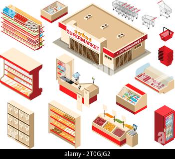 Supermarkt-Innenisometrischer Satz Obst- und Gemüseteller frisch treffen Theke und Checkouts isoliert auf weißem Hintergrund Vektor-Illustration Stock Vektor