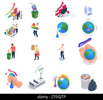 Isometrische Symbole für den Konsum mit Symbolen für den übermäßigen Verzehr von Lebensmitteln, isolierte Vektorillustration Stock Vektor