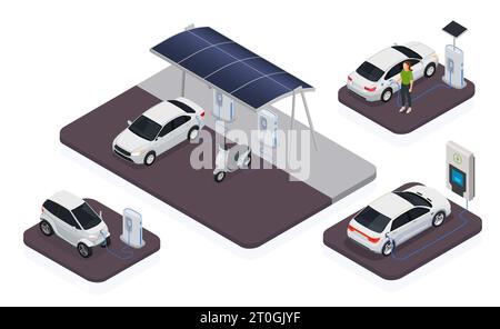 Isometrische Symbole für Elektromobile Transportstationen mit Elektroautos, die isolierte Vektorillustration laden Stock Vektor