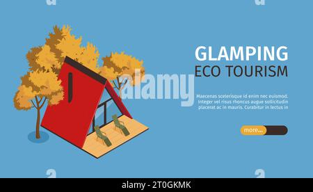 Isometrisches Glamping horizontales Banner mit Schieberegler mehr Schaltfläche editierbarer Text und Bild der A-Form Haus Vektor Illustration Stock Vektor