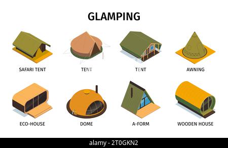 Isometrische Glamping Set von isolierten Kompositionen mit Textunterschriften und Ikonen von Kuppelzelten Öko Häuser Vektor Illustration Stock Vektor