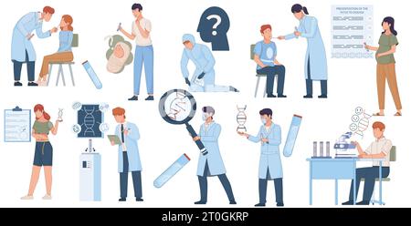 Gentest-Leute flache Reihe von isolierten Ikonen mit Kritzelung menschlichen Charakteren von Wissenschaftlern mit dna-Vektor-Illustration Stock Vektor