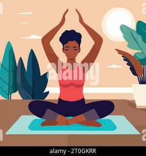 Frau, die in der Natur meditiert und verlässt. Konzept Illustration für Yoga, Meditation, Entspannung, Erholung, gesunde Lebensweise. Vektor-Illustration in flachem Cartoon-Stil Stock Vektor