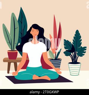 Fitness, Yoga und Meditation. Vektor-Illustrationen von einem gesunden Lebensstil, richtige Ernährung, Menschen, die Sport in der Natur, zu Hause und im Studio Stock Vektor