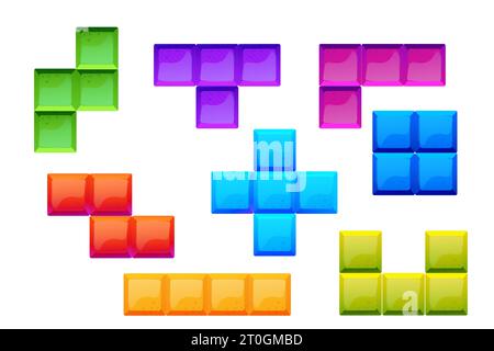 Spielsteine Set, bunte Blöcke klasisches Logikspiel, Puzzle im Cartoon-Stil isoliert auf weißem Hintergrund. Kreative, detaillierte Formen. Vektorabbildung Stock Vektor