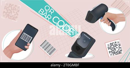 Scannen Sie Codes mit Collage realistischer menschlicher Hände, die Scanner-Symbole mit qr und Strichcode-Vektor-Illustration halten Stock Vektor