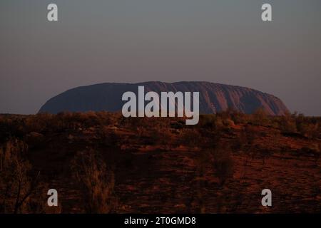 Uluru lila am Horizont vor einem Kamm aus tiefrotem Sand, Schatten von Gestrüpp, Bäume in der Wüste in der Abenddämmerung von Yulara, Northern Territory, Australien Stockfoto