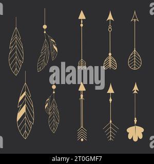 Set goldene Stammesfedern Linie Kunst einheimischer Pfeil ethnischer indianer im Doodle-Stil auf dunklem Hintergrund. Geometrische Boho-Elemente. Vektorabbildung Stock Vektor