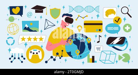 Flache Symbole im Cyberspace mit einem Mann, der das vr-Headset für verschiedene Zwecke verwendet, Vektorillustration Stock Vektor