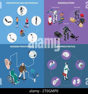 Exoskelett bionische Prothetik Konzept-Symbole mit orthopädischen Symbolen isometrische isolierte Vektor-Illustration gesetzt Stock Vektor